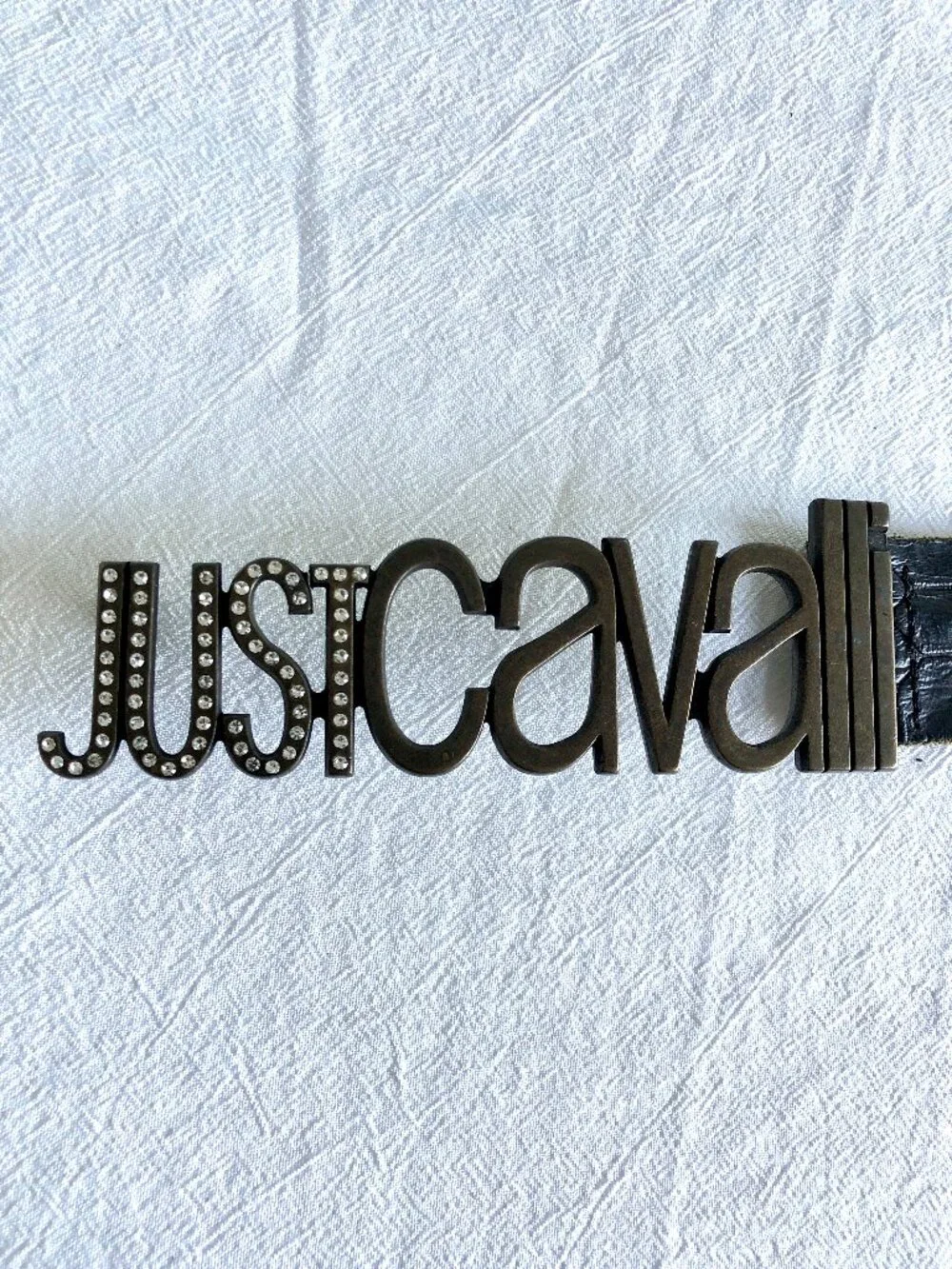 Just Cavalli Leather Embossed Croc Belt, Bronze Toned Buckle with Rhinestones
